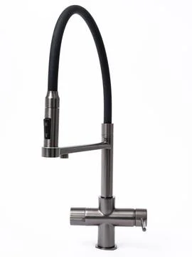 Modern pull-down kitchen faucet on white background Stock Photos