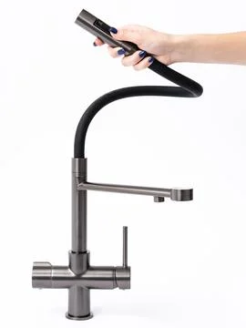 Modern pull-down kitchen faucet on white background Foto stock