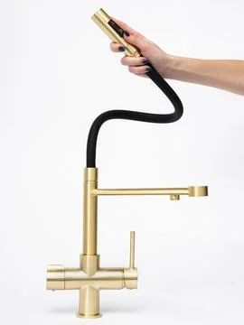 Modern pull-down kitchen faucet on white background Stock Photos
