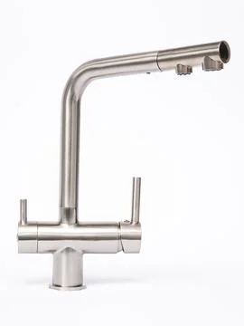 Modern pull-down kitchen faucet on white background Stock Photos