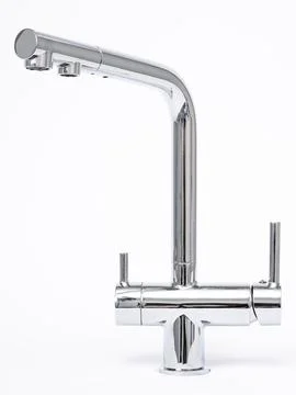 Modern pull-down kitchen faucet on white background Fotos Stock