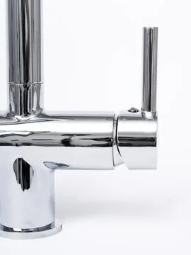 Modern pull-down kitchen faucet on white background Foto stock
