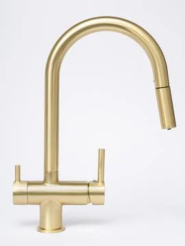 Modern pull-down kitchen faucet on white background Stock Photos