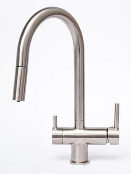 Modern pull-down kitchen faucet on white background Stock Photos