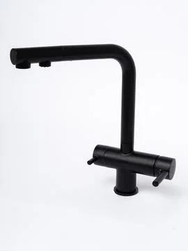 Modern pull-down kitchen faucet on white background Stock Photos