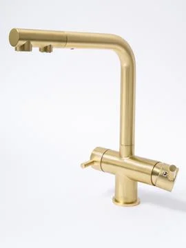Modern pull-down kitchen faucet on white background Fotos Stock