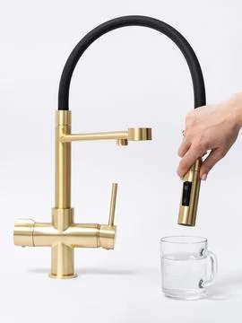 Modern pull-down kitchen faucet on white background Stock Photos
