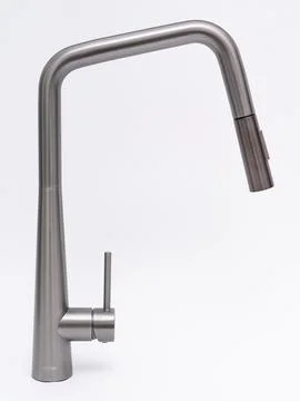 Modern pull-down kitchen faucet on white background Stock Photos