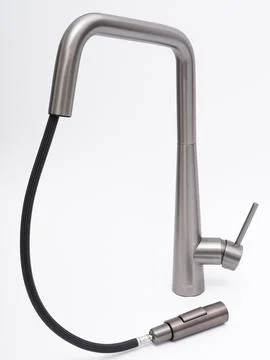 Modern pull-down kitchen faucet on white background Stock Photos