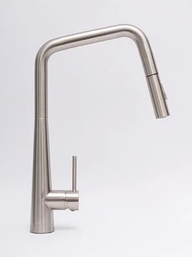 Modern pull-down kitchen faucet on white background 스톡 사진