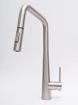 Modern pull-down kitchen faucet on white background Stock Photos