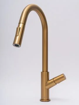 Modern pull-down kitchen faucet on white background Stock Photos