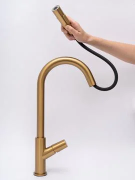 Modern pull-down kitchen faucet on white background Fotos Stock
