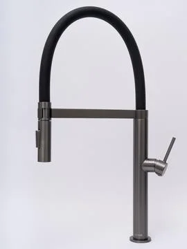 Modern pull-down kitchen faucet on white background Stock Photos