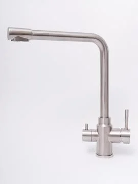 Modern pull-down kitchen faucet on white background Fotos Stock