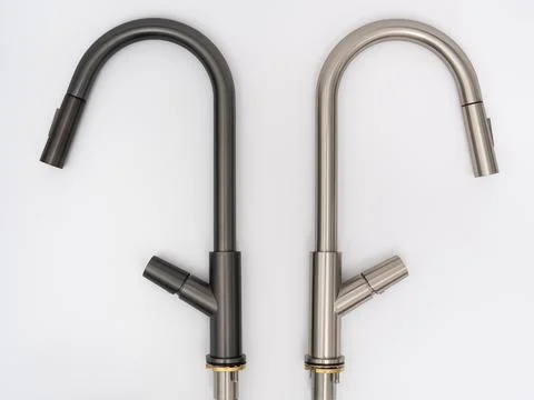 Modern pull-down kitchen faucet on white background 스톡 사진