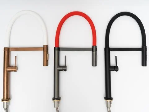 Modern pull-down kitchen faucet on white background Stock Photos
