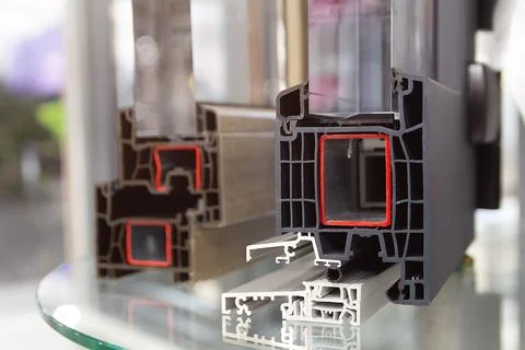 Modern PVC windows cross section in the showroom Stock Photos