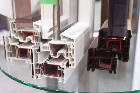 Modern PVC windows cross section in the showroom Stock Photos