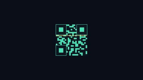 Modern qr code design with glowing cyan pixels on dark background Stock Illustration