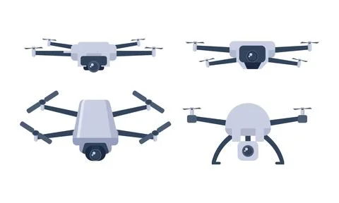 Modern quadcopter drone vector set showing different angles and perspectives Stock Illustration