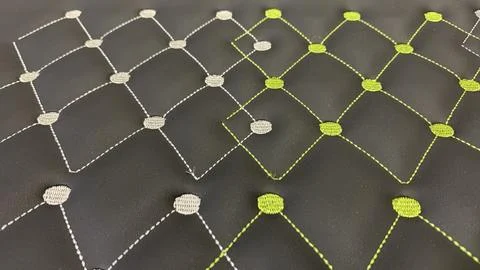 Modern quilted pattern with lime green and silver stitching on rich black Stock Photos