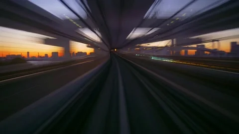Modern rapid train, hyper lapse of moving automated train on Rainbow bridge in Stock-Footage 228411374