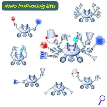 Modern realistic kittens robots. Vector. Cybernetic nano helpers cleaners 스톡 일러스트