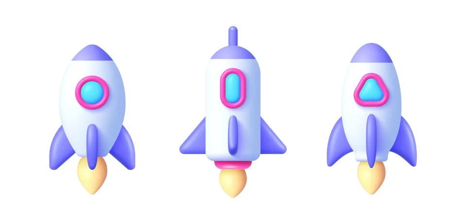 Modern realistic set with rocket 3d. Space futuristic creative design. Spaceship Stock Illustration