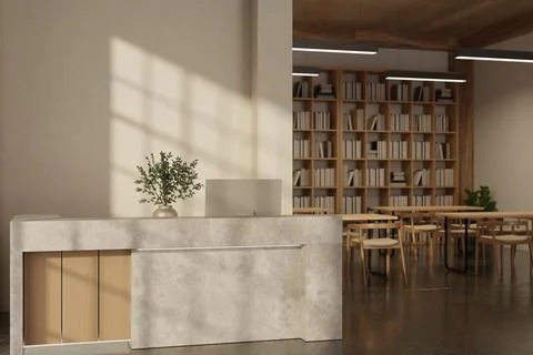 Modern reception desk with concrete and wooden accent in bright lobby and v.. Stock Illustration