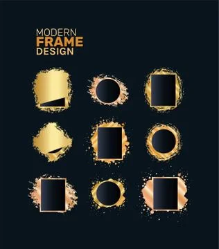 Modern rectangles and circles frames set gold splash vector design Stock Illustration