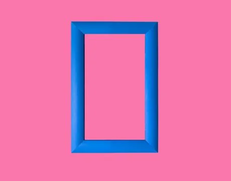 Modern rectangular picture frame, wall art in pop style. Blue border on pink Stock Photos