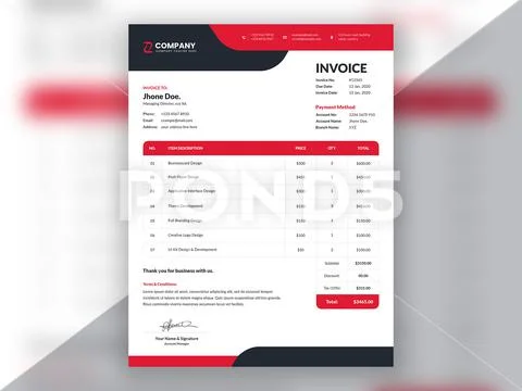 Modern red and black corporate, professional business invoice template Modello PSD