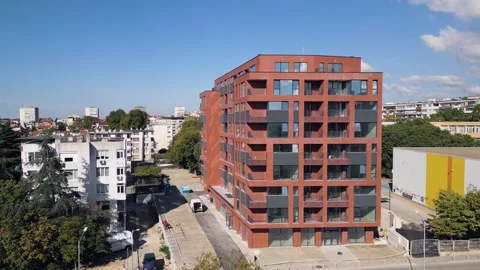 Modern Red Brick Apartment Building Aerial View in City Residential Area Stock Footage 346695526