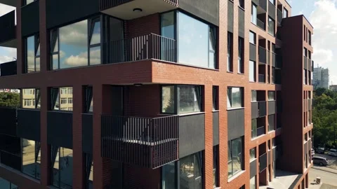 Modern Red Brick Apartment Building Aerial View in City Residential Area Stock Footage 346696955