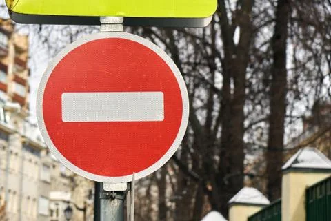 Modern red do not enter road sign with a reflecting surface in Moscow. Fotos de archivo