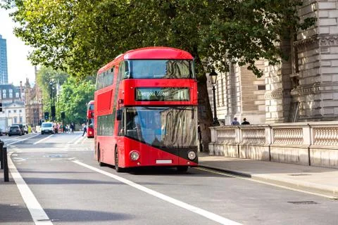 Modern red double decker bus, London Stock Photos