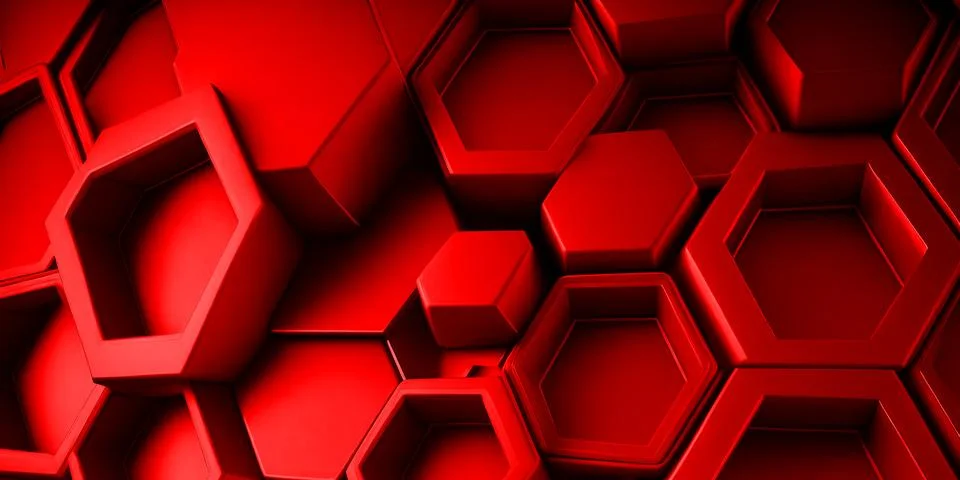 Modern red geometric background with 3d hexagons and abstract shapes Stock Illustration
