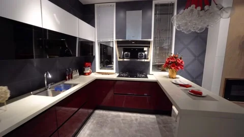 Modern red kitchen, camera rolls back Stock Footage 236688389
