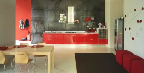 Modern red kitchen interior Stock Photos