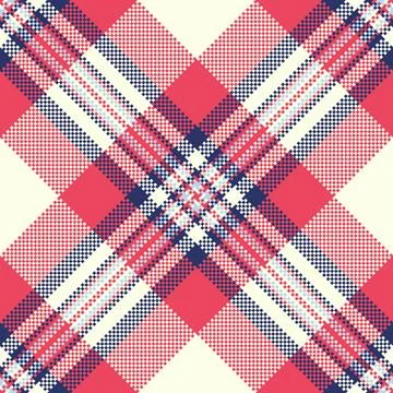 A modern red, navy, and cream diagonal plaid with a pixelated geometric tex.. Stock Illustration