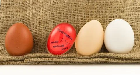 Modern red, plastic kitchen timer with eggs Stock Photos