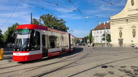 Modern red tram and oncoming bus passing on city square 库存影片 341894639