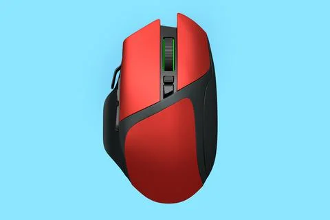 Modern red wireless gaming computer mouse isolated on blue background 스톡 일러스트