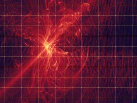 Modern red yellow dynamic flame fractal. Dark blue background with nice bokeh. 動画素材 75817081