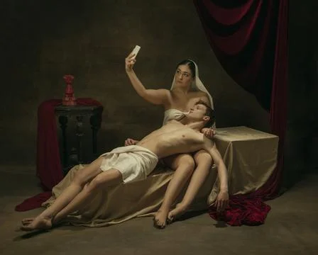 Modern remake of classical artwork with modern tech theme - young medieval Stock Photos
