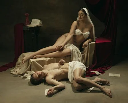 Modern remake of classical artwork - young medieval couple on dark background Stock Photos