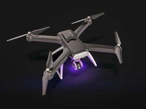 Modern Remote Control Air Drone Flying with action camera. on black backgroun Stock Illustration