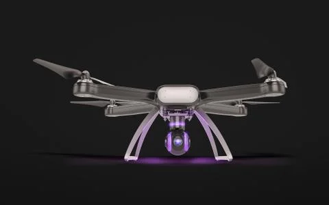 Modern Remote Control Air Drone Flying with action camera. on black backgroun Stock Illustration