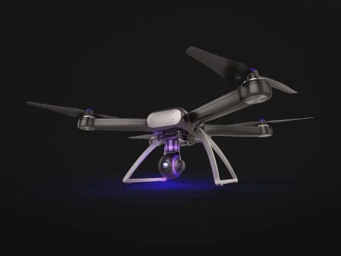 Modern Remote Control Air Drone Flying with action camera. on black backgroun Stock Illustration